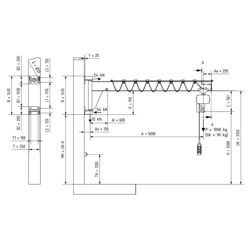 Produktabbildung Nr. 2: VETTER® Schwenkkran inkl. LIFTKET Elektrokettenzug, Wandausführung, niedrigbauend, Ausladung 5.000 mm, TK 1.000 kg