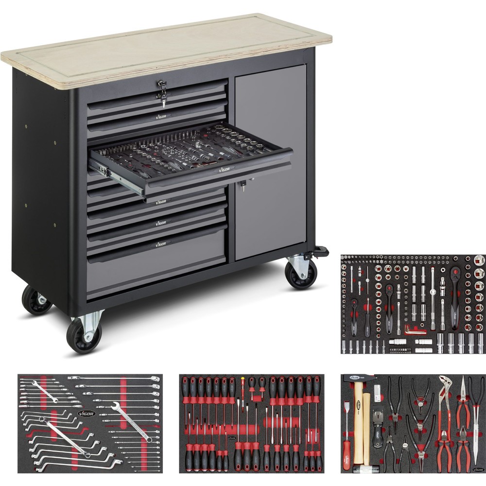 Produktabbildung Nr. 1: VIGOR® Werkbank1000, inkl. 265-teiligem Sortiment, 8 Schubladen + 1 Schrank