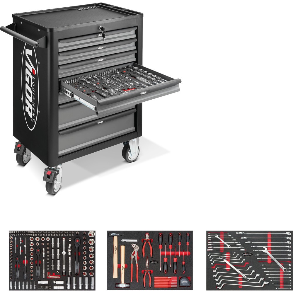 Produktabbildung: VIGOR® Werkzeugwagen 1000, 7 Schubladen, inkl. 248-teiligem Werkzeugsortiment