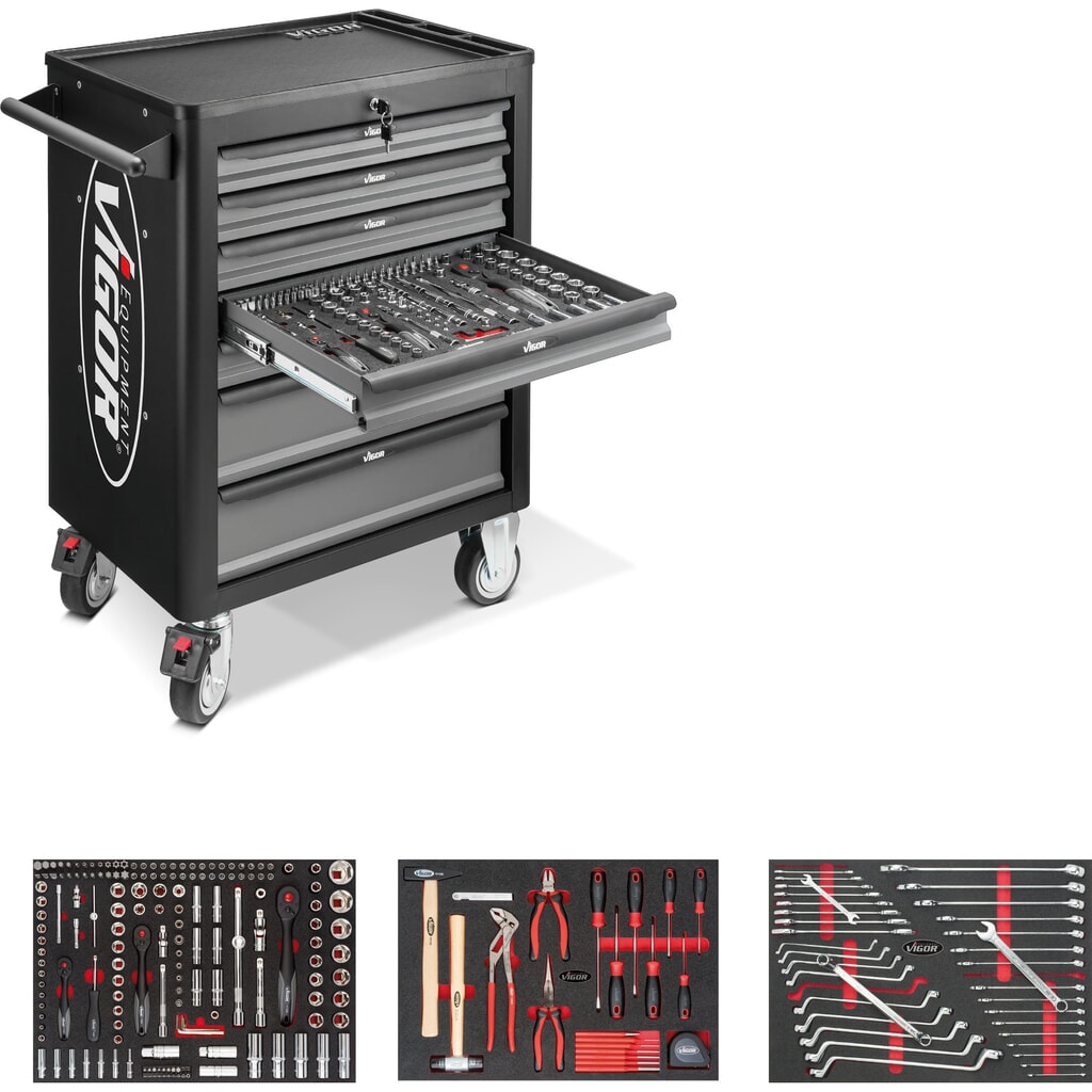 VIGOR® Werkzeugwagen 1000, 7 Schubladen, inkl. 248-teiligem Werkzeugsortiment Produktabbildung: VIGOR® Werkzeugwagen 1000, 7 Schubladen, inkl. 248-teiligem Werkzeugsortiment