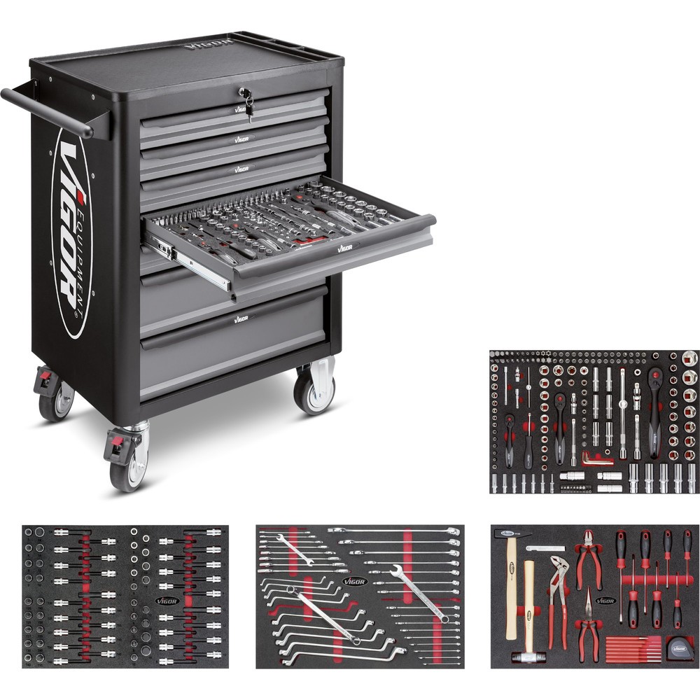 Produktabbildung: VIGOR® Werkzeugwagen 1000, 7 Schubladen, inkl. 318-teiligem Werkzeugsortiment