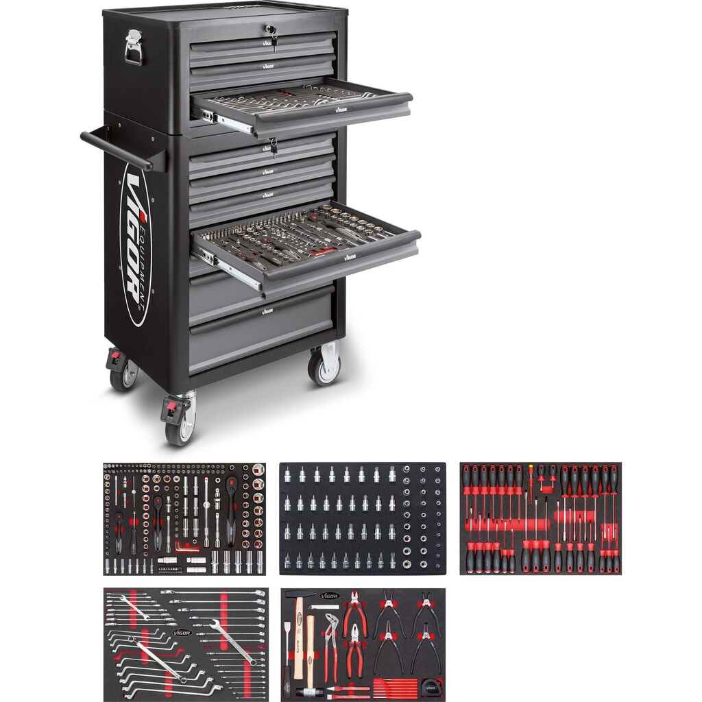 Produktabbildung: VIGOR® Werkzeugwagen 1000, 7 + 3 Schubladen + Aufsatzkoffer, inkl. 344-teiligem Werkzeugsortiment