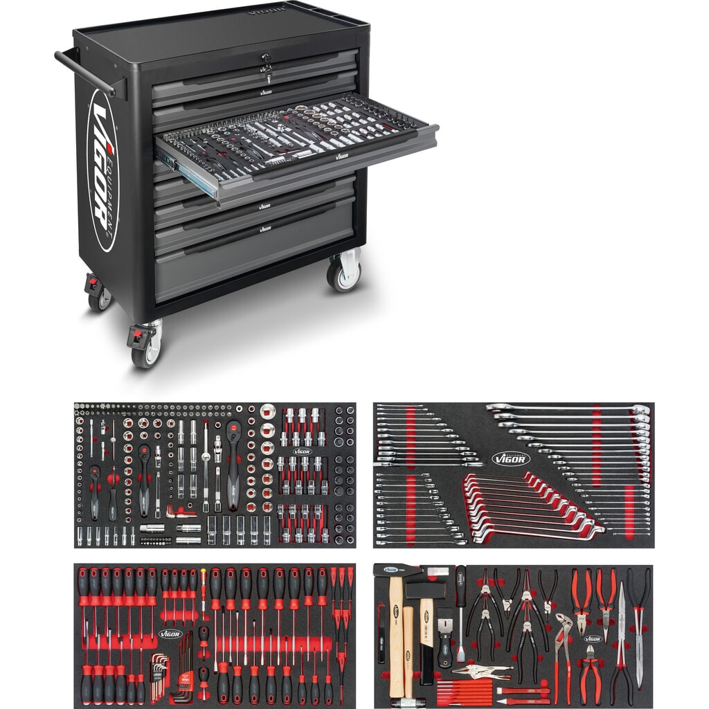 VIGOR® Werkzeugwagen 1000 XL, 8 Schubladen, inkl. 375-teiligem Werkzeugsortiment Produktabbildung: VIGOR® Werkzeugwagen 1000 XL, 8 Schubladen, inkl. 375-teiligem Werkzeugsortiment