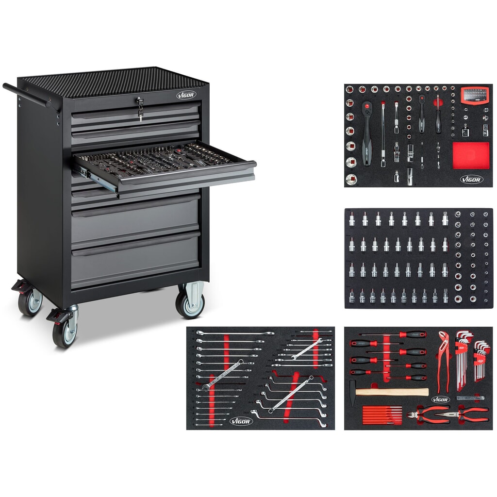 Produktabbildung: VIGOR® Werkzeugwagen 500N, 7 Schubladen, inkl. 227-teiligem Werkzeugsortiment