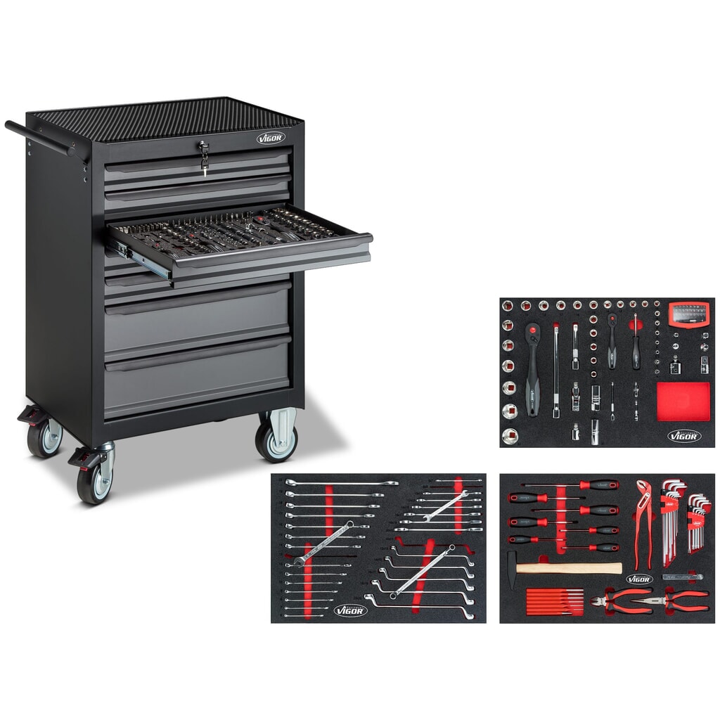VIGOR® Werkzeugwagen 500N, 7 Schubladen, inkl. 163-teiligem Werkzeugsortiment Produktabbildung: VIGOR® Werkzeugwagen 500N, 7 Schubladen, inkl. 163-teiligem Werkzeugsortiment