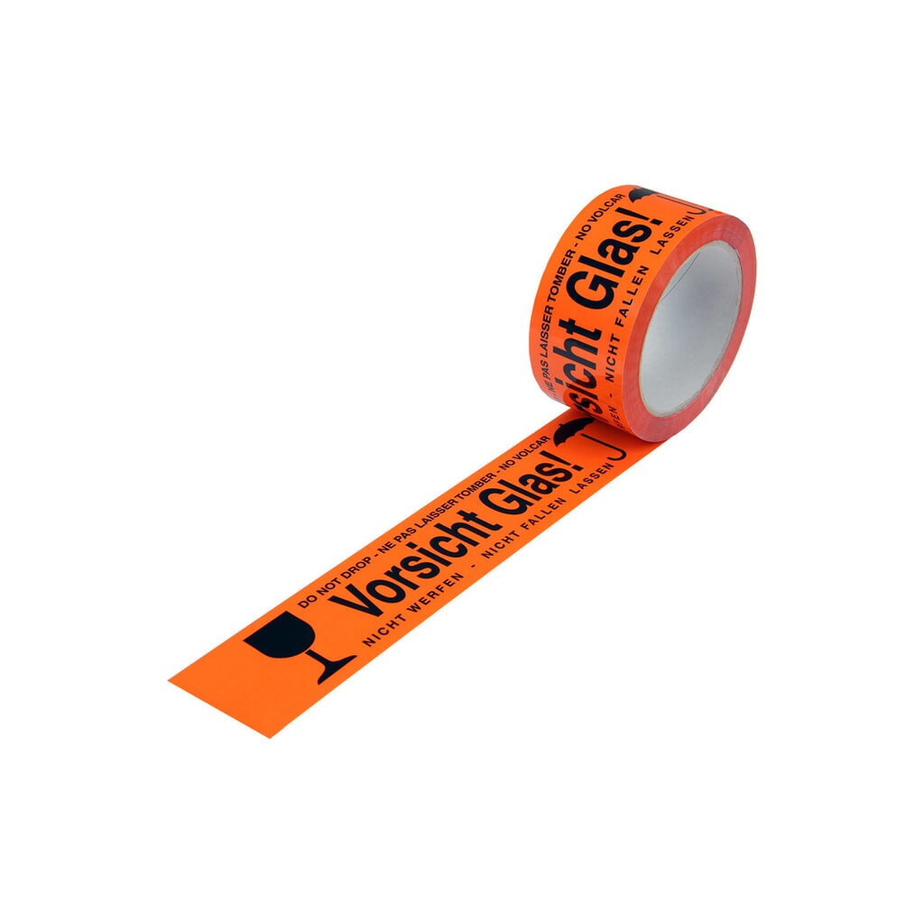 Warn-Klebebänder, 50mm breit x 66 lfm, signalrot, mit Aufdruck, "Vorsicht Glas" Produktabbildung: Warn-Klebebänder, 50mm breit x 66 lfm, signalrot, mit Aufdruck, "Vorsicht Glas"
