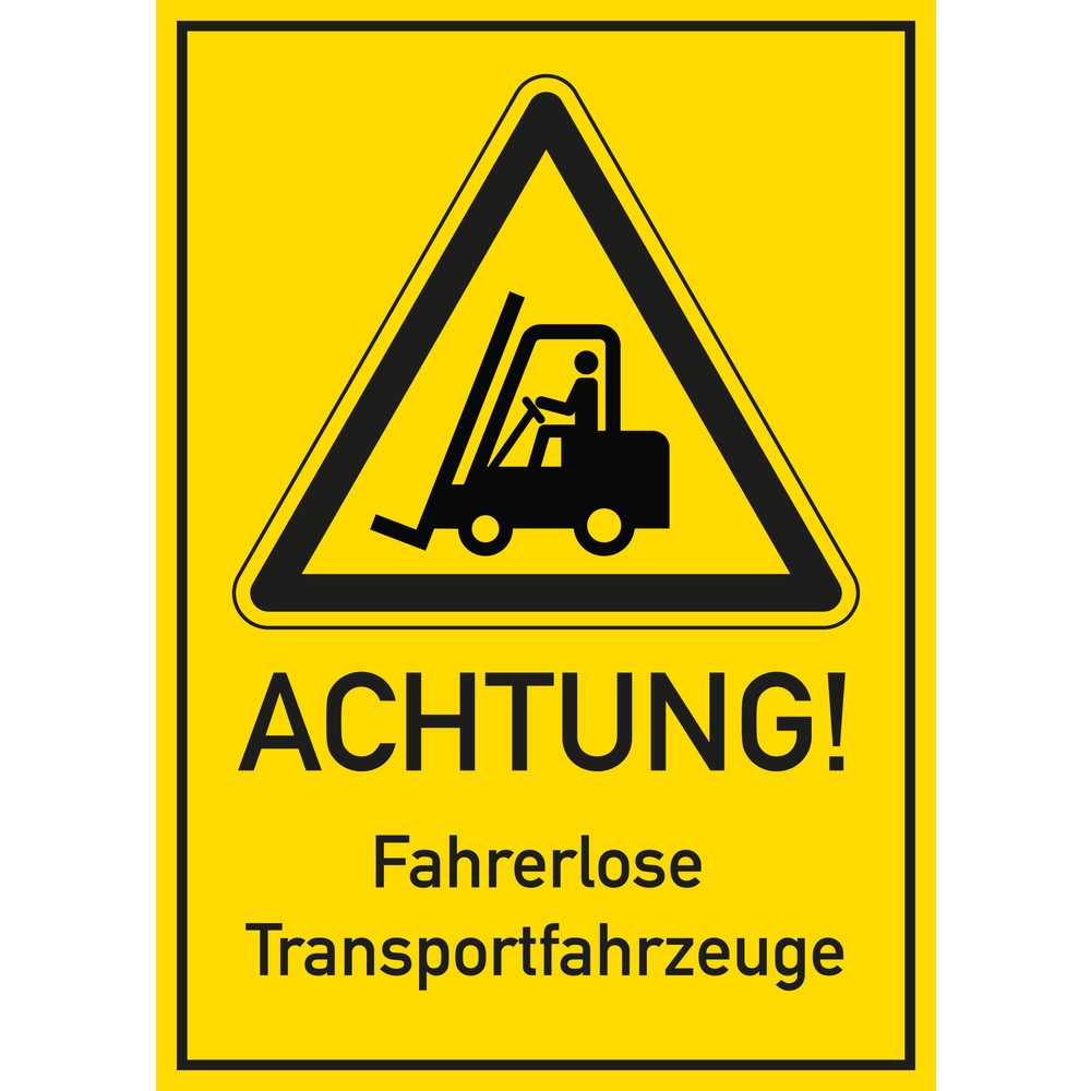 Produktabbildung: Warnschild - "Fahrerloses Transportsystem", gelb, BxH 300 x 420 mm