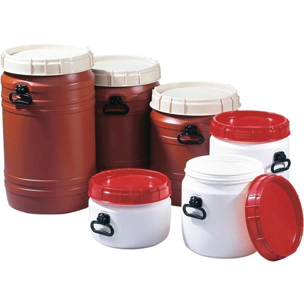 Produktabbildung: Weithalsfass 26l weiß m.rotem Deckel m.2 Tragegriffen Einfüllöffnung-D.295mm