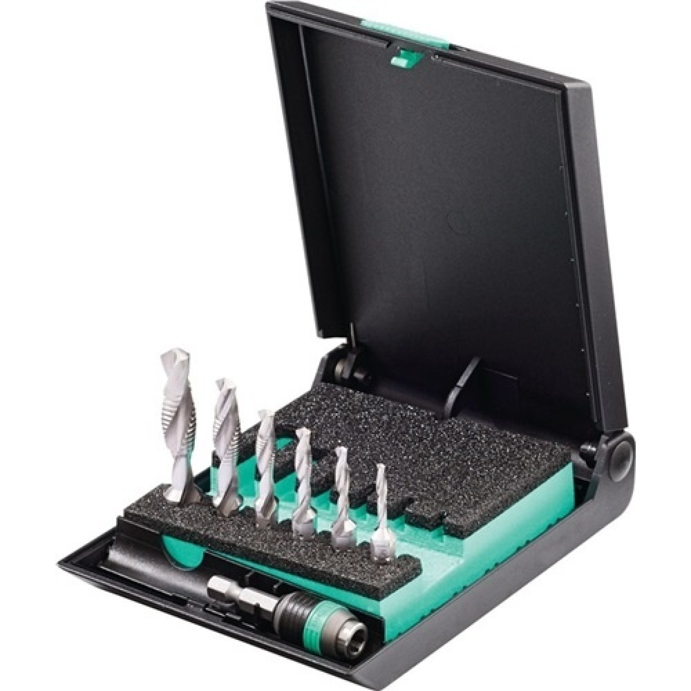 Produktabbildung: Kombigewindebohrerbitsatz 7tlg.HSS 1/4 Zoll 6KT Ku.-Box WERA