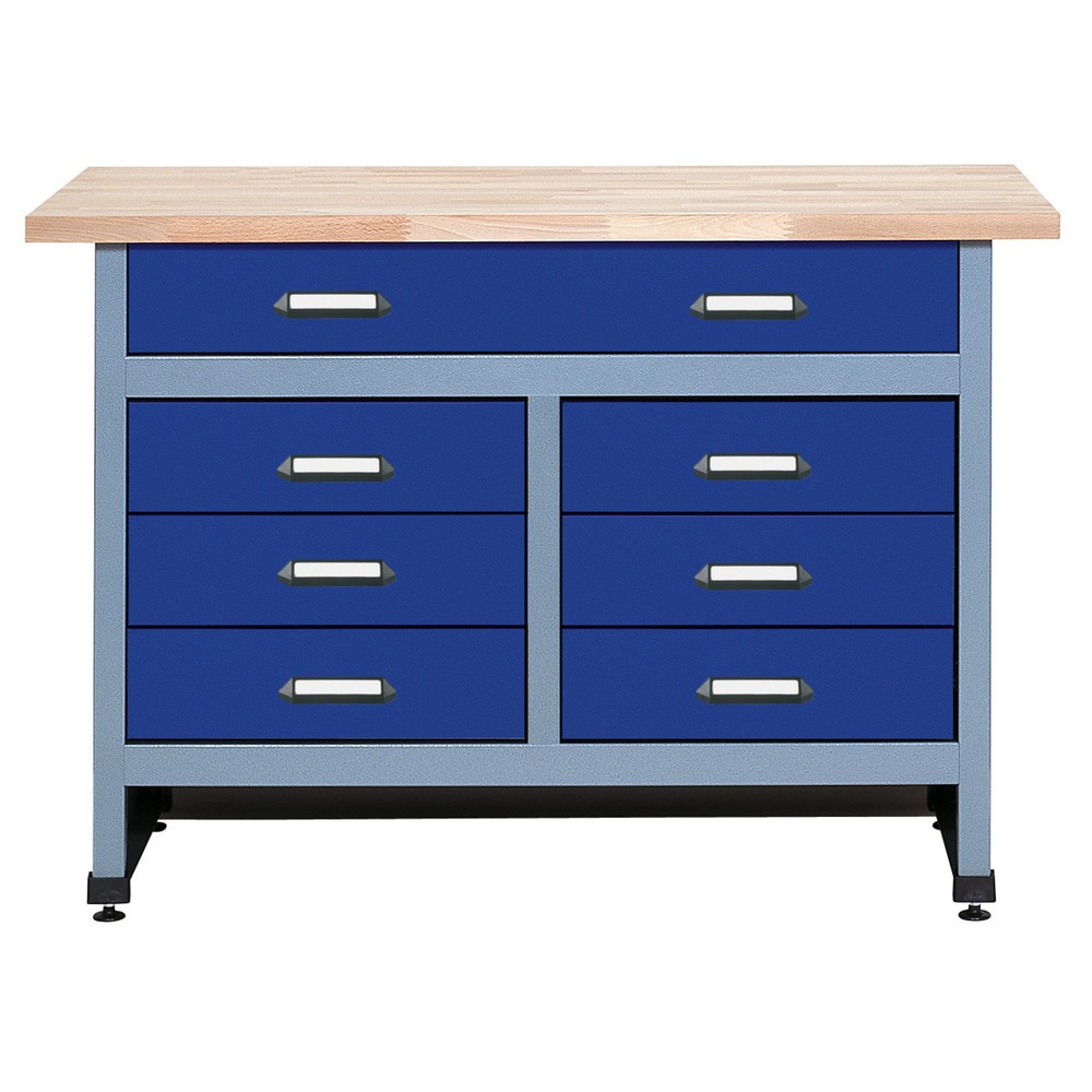 Produktabbildung: Werkbank mit 6 kleinen + 1 großen Schublade, BxT 1.200 x 600 mm,  blau