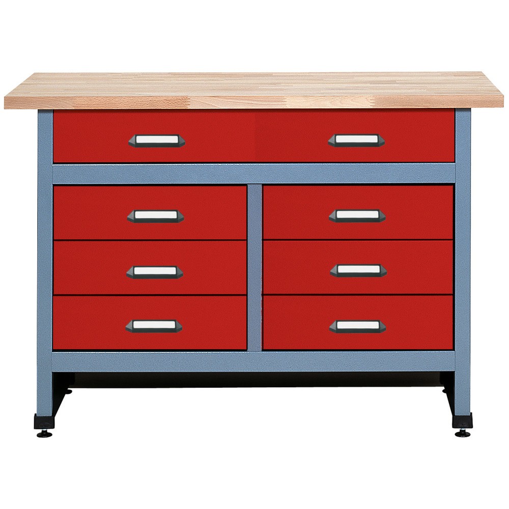Produktabbildung: Werkbank mit 6 kleinen + 1 großen Schublade, BxT 1.200 x 600 mm, rot