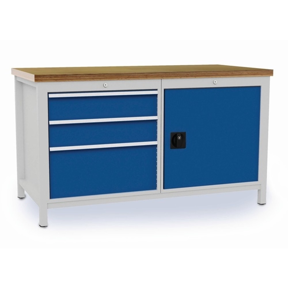Produktabbildung: Werkbank, lichtgrau, RAL 7035 signalblau, RAL 5005, B1500xT750xH859mm Buche Multiplex, 3 Schubladen 1 Tür