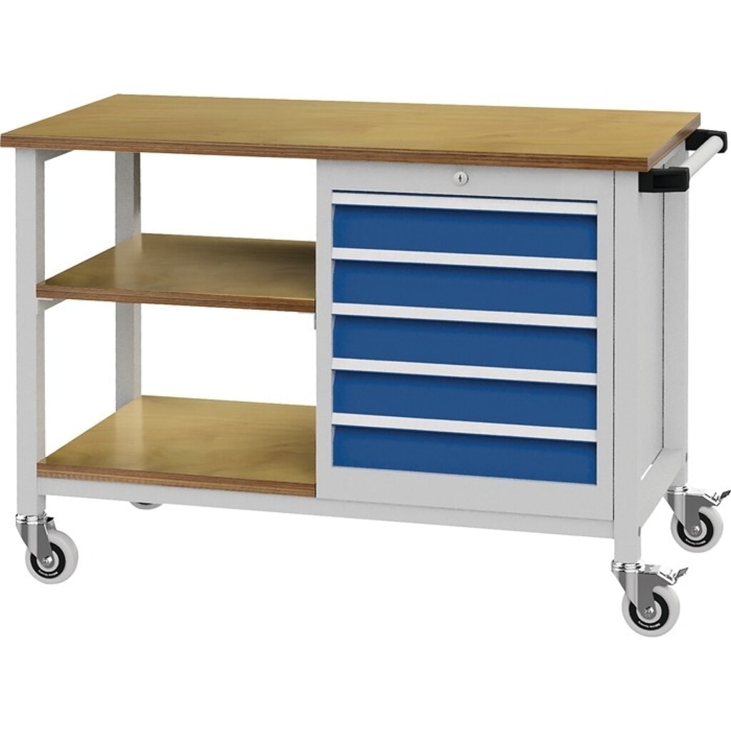 Produktabbildung: Werkbank, lichtgrau / signalblau, B1200xT540xH880mm Buche Multiplex, 5 Schubladen