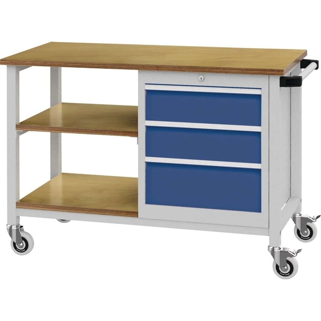 Produktabbildung: Werkbank, lichtgrau / signalblau, B1200xT540xH880mm Buche Multiplex, 4 Schubladen