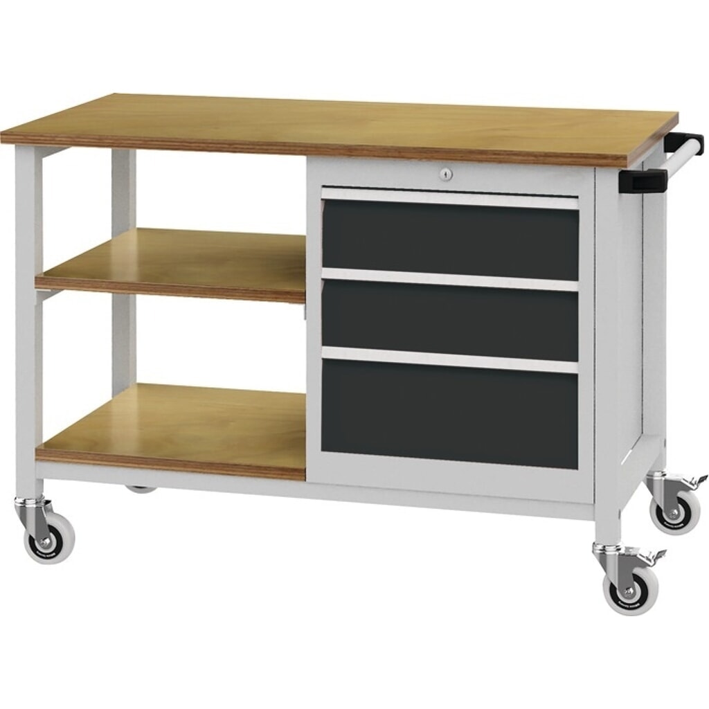 Produktabbildung: Werkbank, lichtgrau / anthrazitgrau, B1200xT540xH880mm Buche Multiplex, 3 Schubladen 2 x 150, 1 x 200 mm