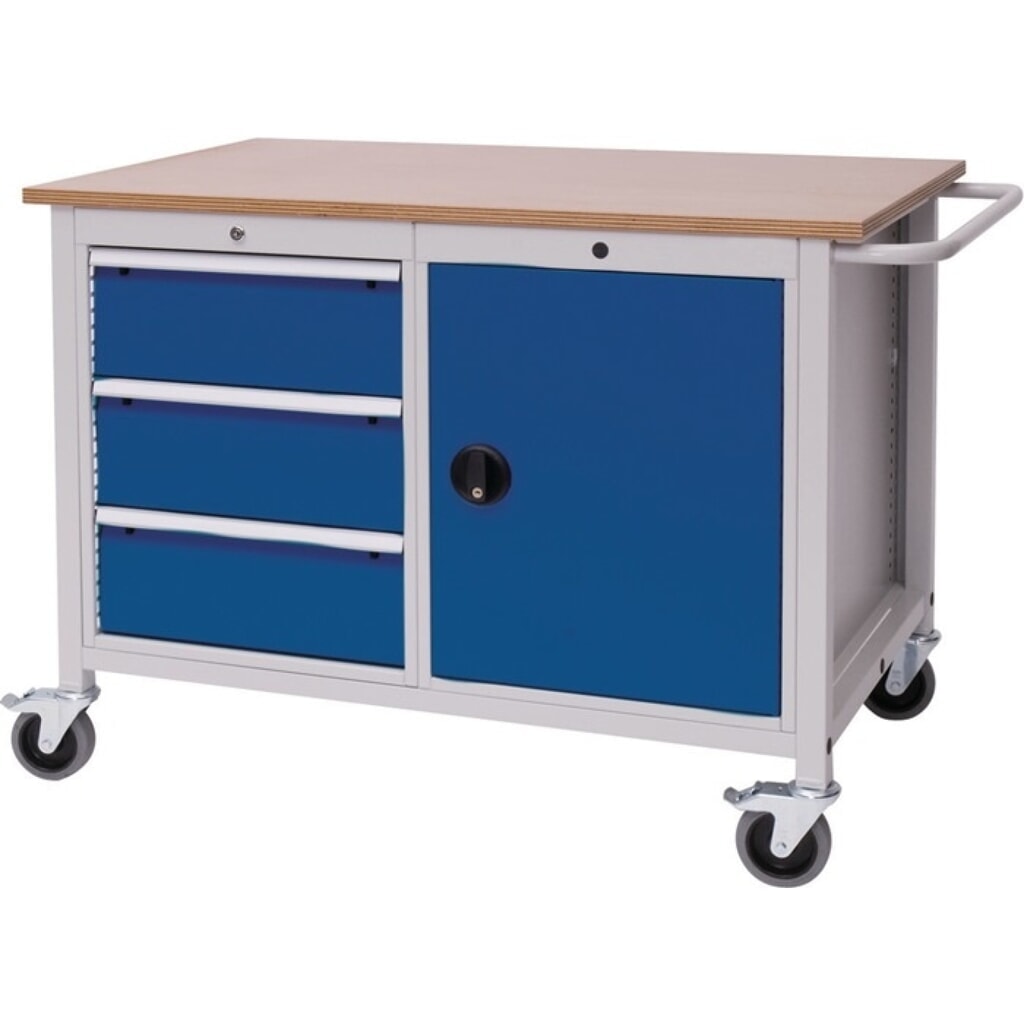 Werkbank, lichtgrau / signalblau, B1250xT750xH935mm Buche Multiplex, 3 Schubladen 1 Tür Produktabbildung: Werkbank, lichtgrau / signalblau, B1250xT750xH935mm Buche Multiplex, 3 Schubladen 1 Tür