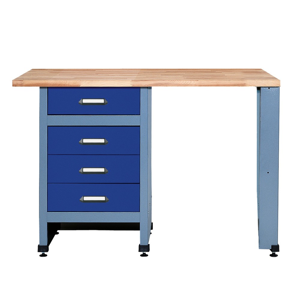Produktabbildung: Werkbank mit 4 Schubladen + Sitzraum, BxT 1.200 x 600 mm, blau