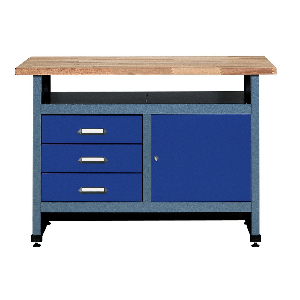 Produktabbildung: Werkbank mit 3 Schubladen + Tür + Ablagefach, BxT 1.200 x 600 mm, blau
