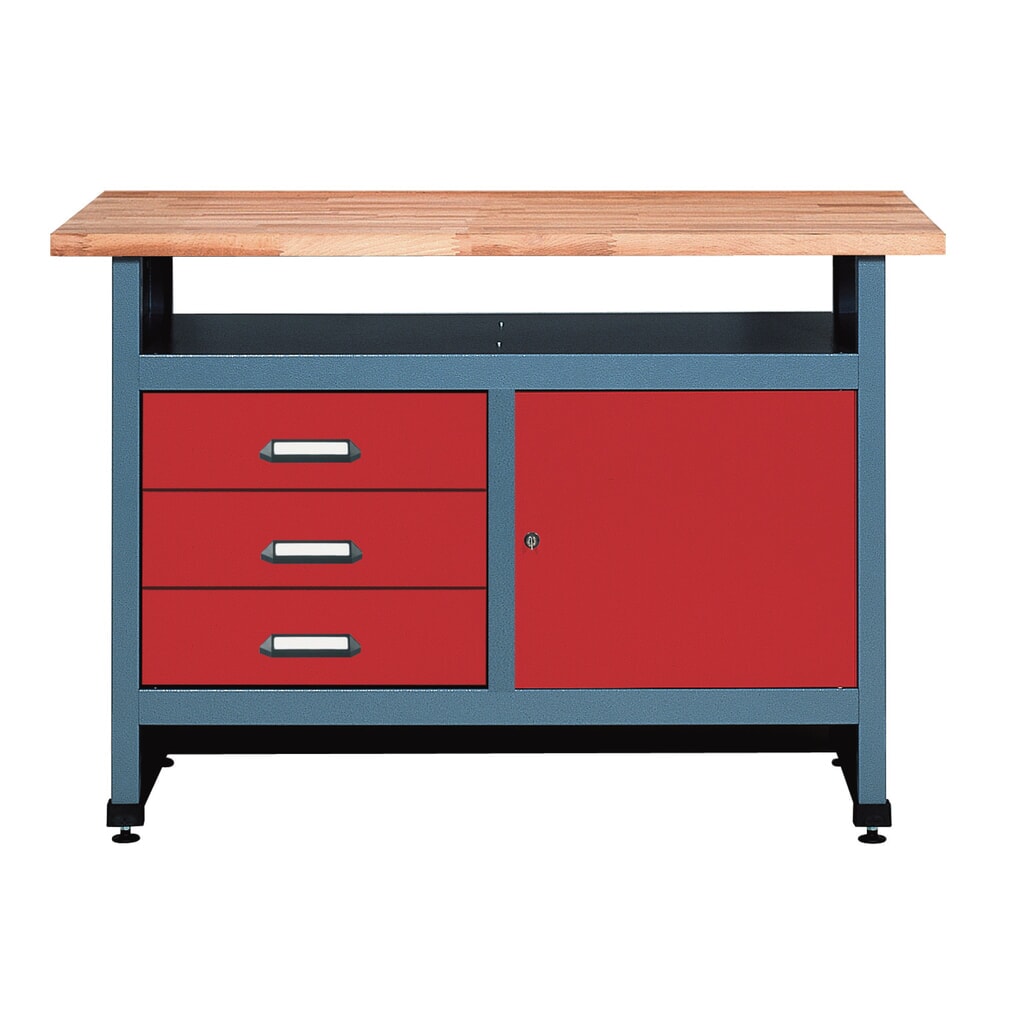 Werkbank mit 3 Schubladen + Tür + Ablagefach, BxT 1.200 x 600 mm, rot Produktabbildung: Werkbank mit 3 Schubladen + Tür + Ablagefach, BxT 1.200 x 600 mm, rot