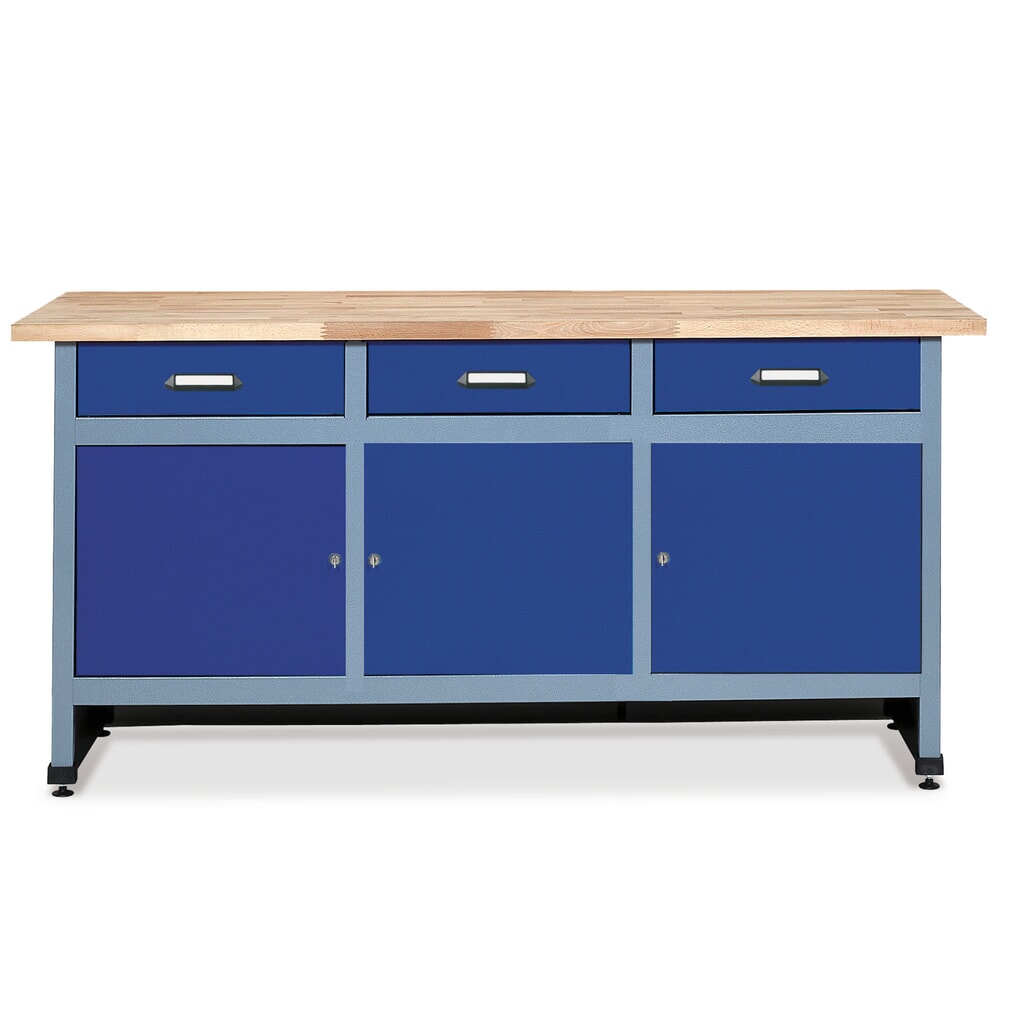 Werkbank mit 3 Schubladen + 3 Türen, BxT 1.700 x 600 mm, rot Produktabbildung: Werkbank mit 3 Schubladen + 3 Türen, BxT 1.700 x 600 mm, rot