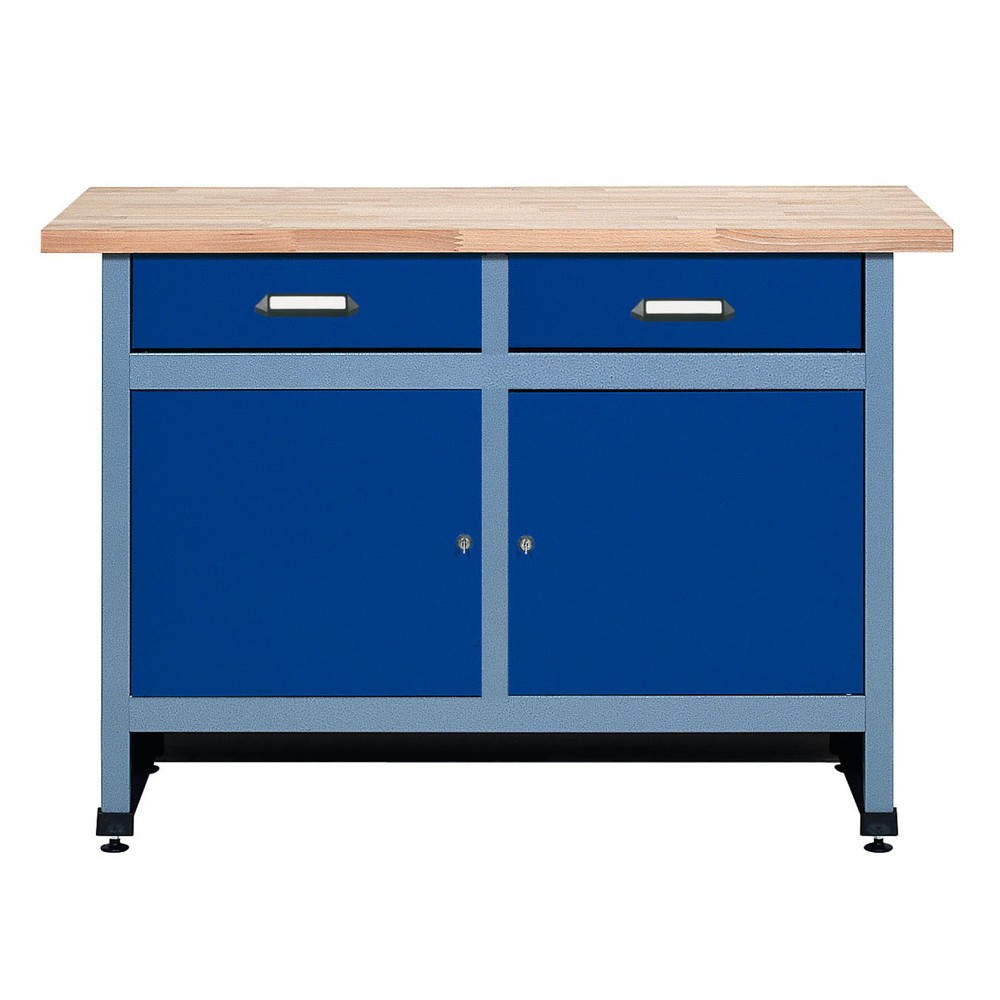 Produktabbildung: Werkbank mit 2 Schubladen + 2 Türen, BxT 1.200 x 600 mm, blau