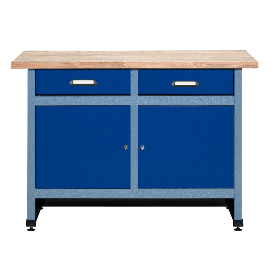 Produktabbildung: Werkbank mit 2 Schubladen + 2 Türen, BxT 1.200 x 600 mm, blau