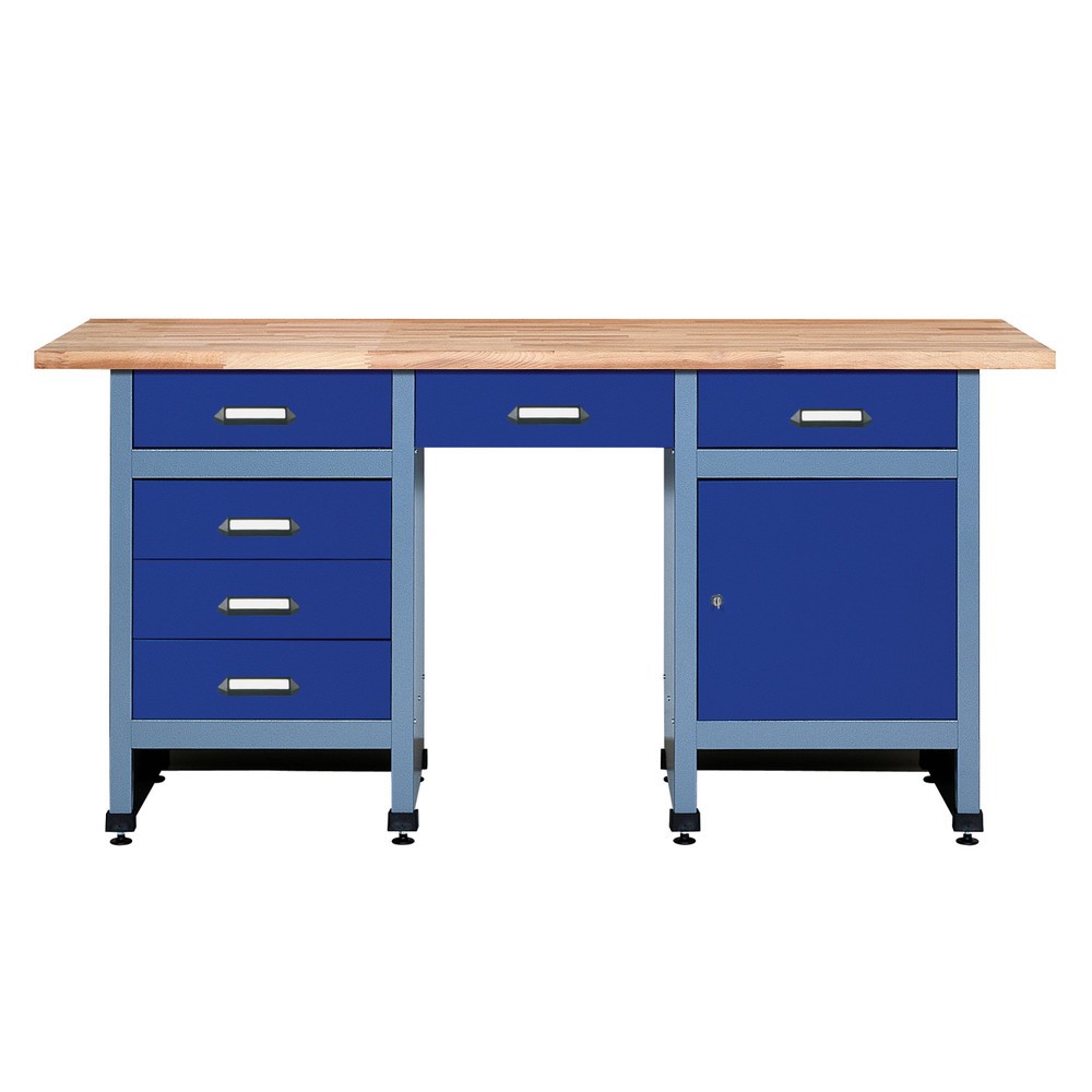 Produktabbildung: Werkbank mit Schubladenblock + Tür + Sitzraum, BxT 1.700 x 600 mm, blau