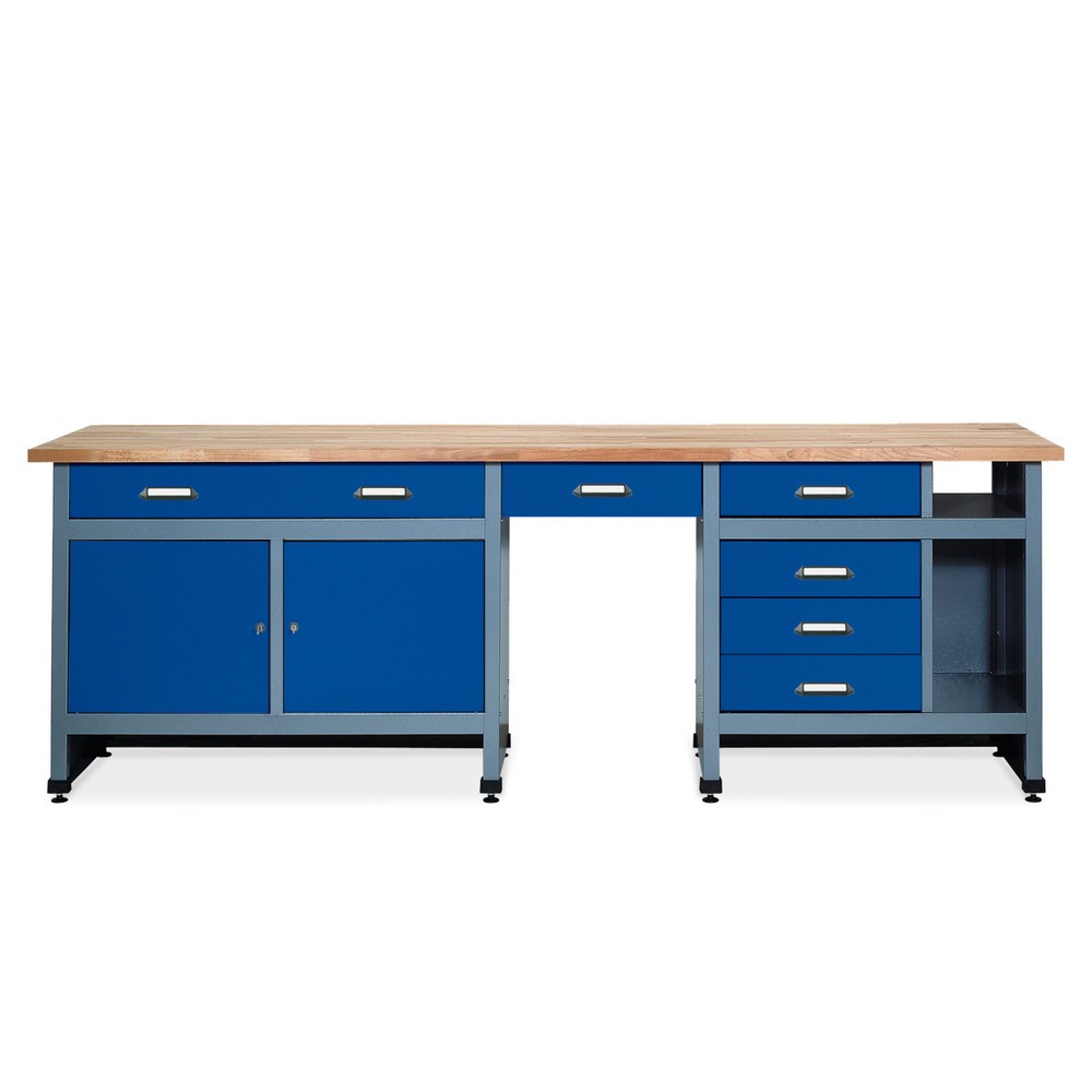 Produktabbildung: Werkbank mit Schubladenblock + 2 Türen + Sitzraum, BxT 2.400 x 600 mm, rot
