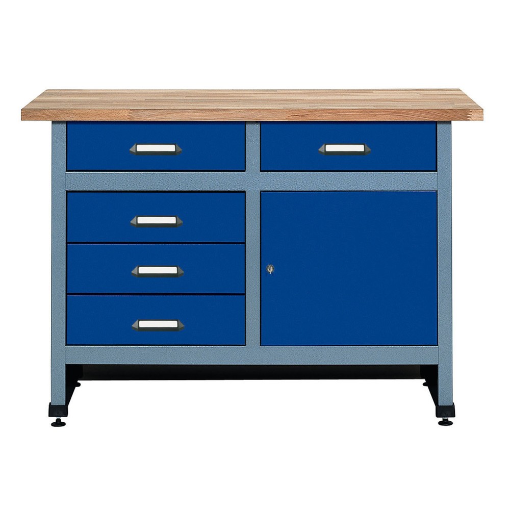 Produktabbildung: Werkbank mit Schubladenblock + Tür, BxT 1.200 x 600 mm, blau