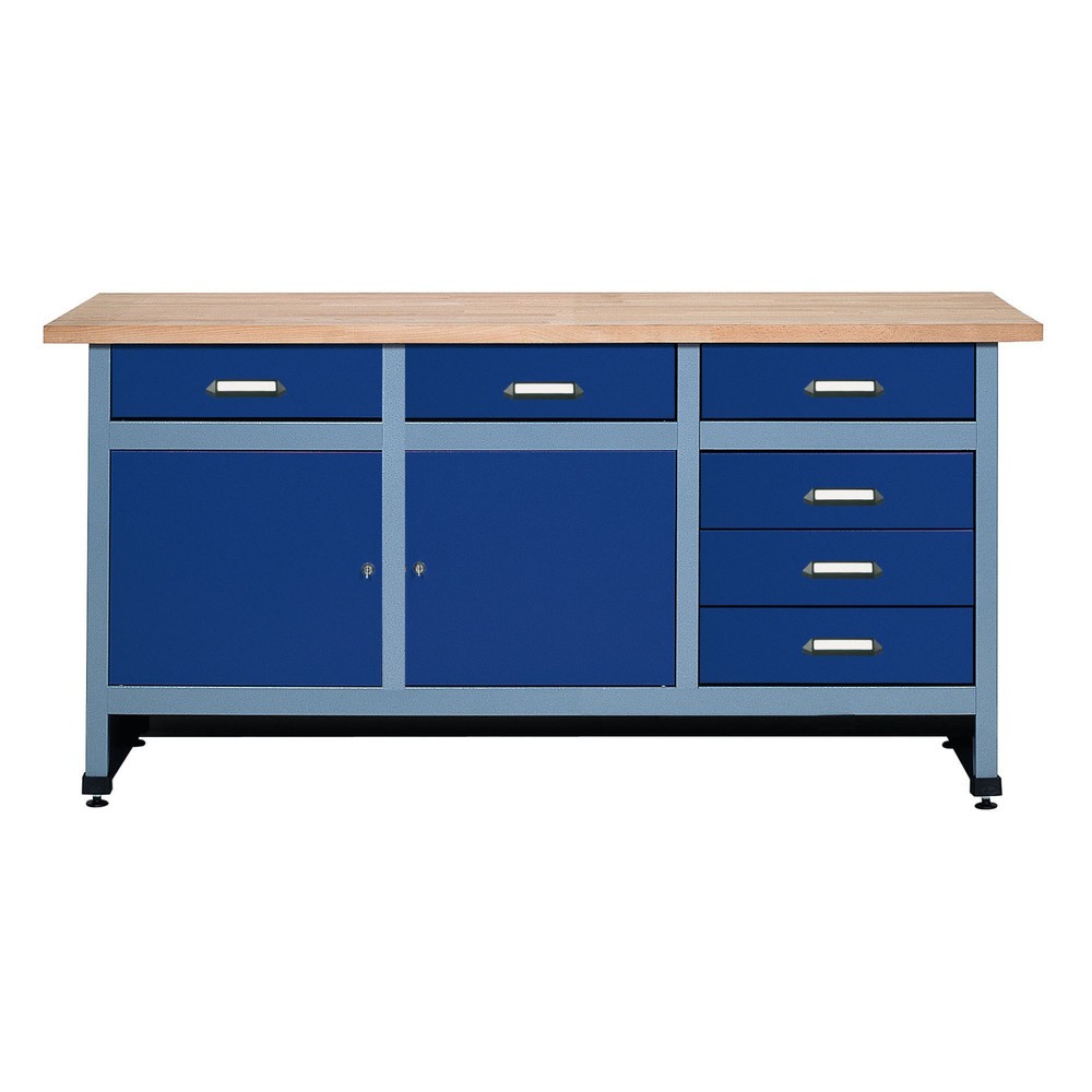 Produktabbildung: Werkbank mit Schubladenblock +  2 Türen, BxT 1.700 x 600 mm, blau