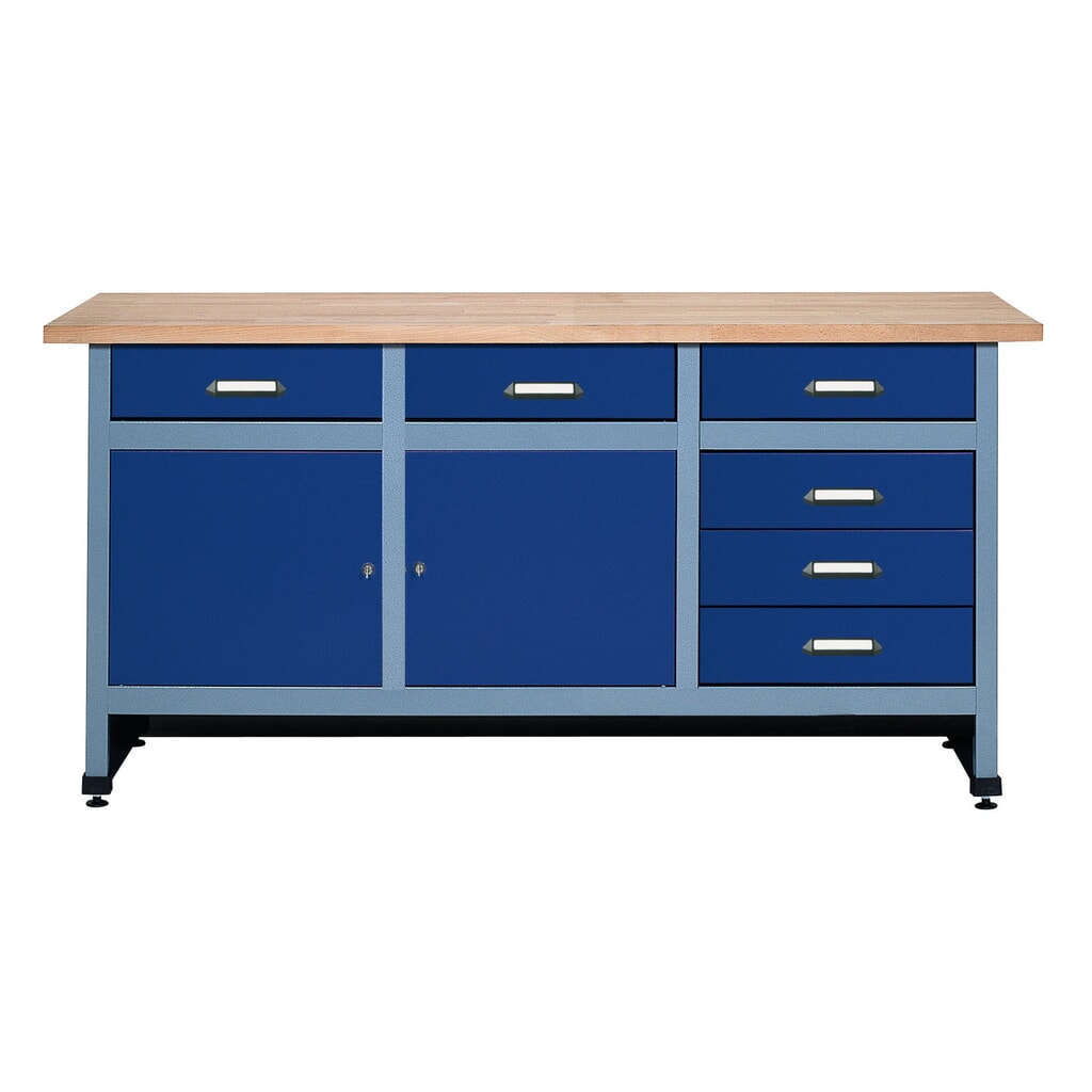 Werkbank mit Schubladenblock + 2 Türen, BxT 1.700 x 600 mm, blau Produktabbildung: Werkbank mit Schubladenblock + 2 Türen, BxT 1.700 x 600 mm, blau