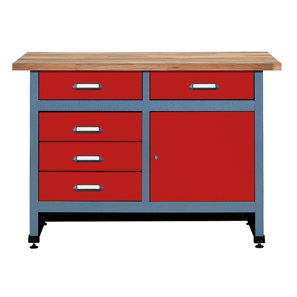Werkbank mit Schubladenblock + Tür, BxT 1.200 x 600 mm, rot Produktabbildung: Werkbank mit Schubladenblock + Tür, BxT 1.200 x 600 mm, rot