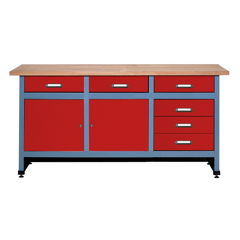 Produktabbildung: Werkbank mit Schubladenblock +  2 Türen, BxT 1.700 x 600 mm, rot