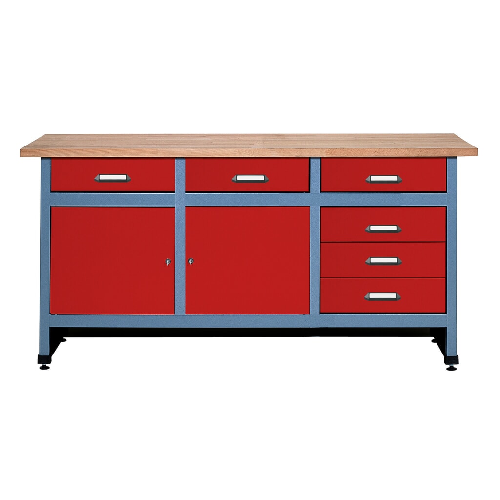 Produktabbildung: Werkbank mit Schubladenblock +  2 Türen, BxT 1.700 x 600 mm, rot