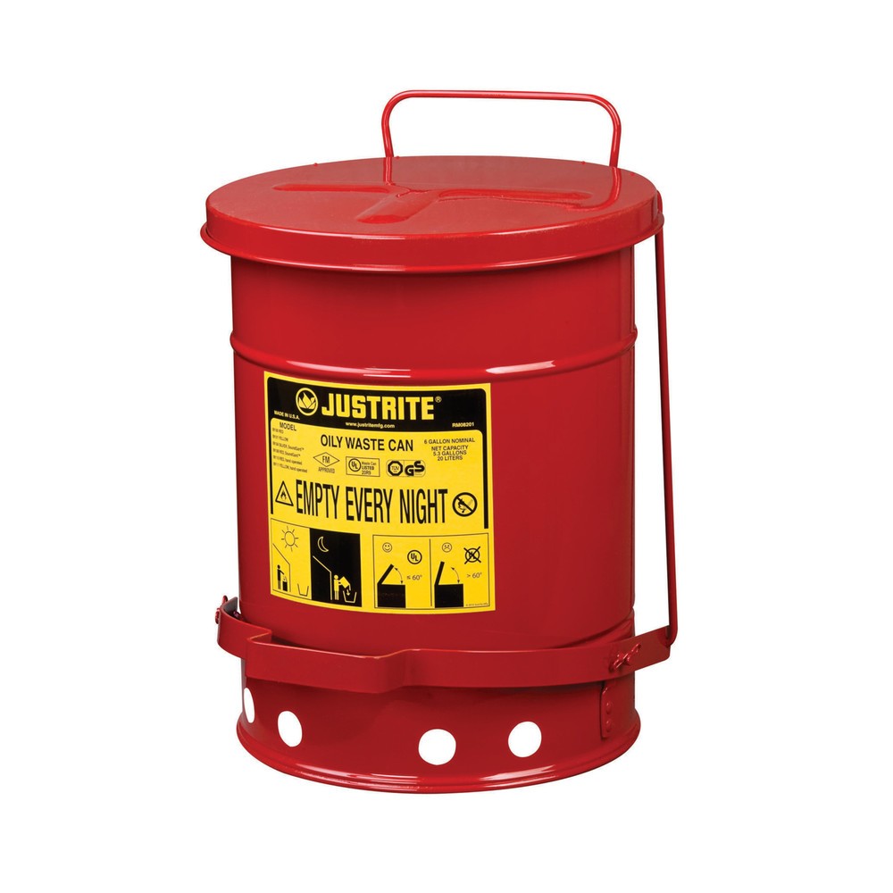 Produktabbildung Nr. 1: Justrite® Werkbank-Sammelbehälter SoundGuard™, Fußpedal, rot, 20 Liter