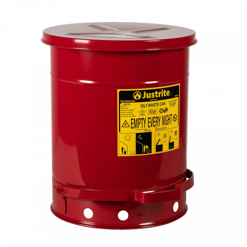 Produktabbildung: Justrite® Werkbank-Sammelbehälter SoundGuard™, Fußpedal, rot, 34 Liter