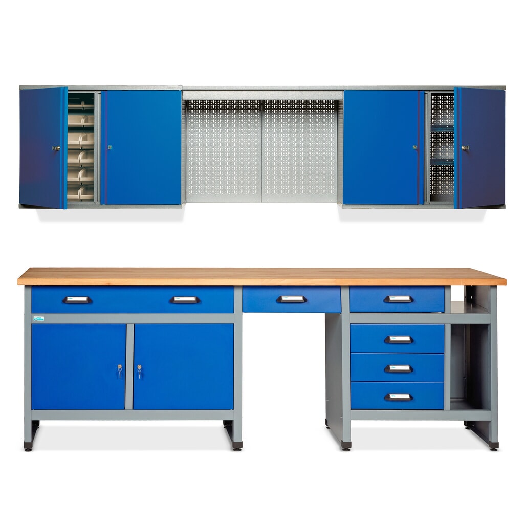 Produktabbildung: Werkstatt-Set Bern 2-teilig, Hängeschrank + Werkbank, Breite 2.400 mm, blau