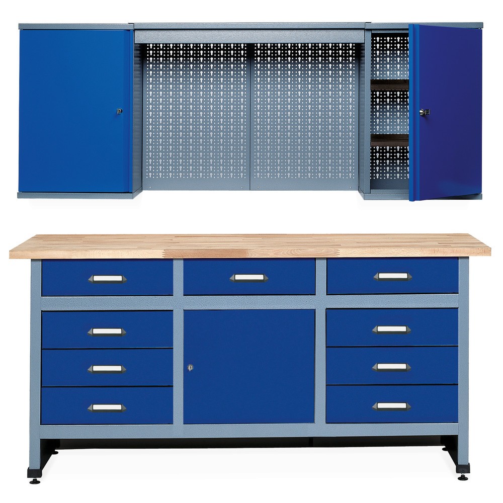 Produktabbildung: Werkstatt-Set Deister 2-teilig, Hängeschrank + Werkbank, Breite 1.700 mm, blau
