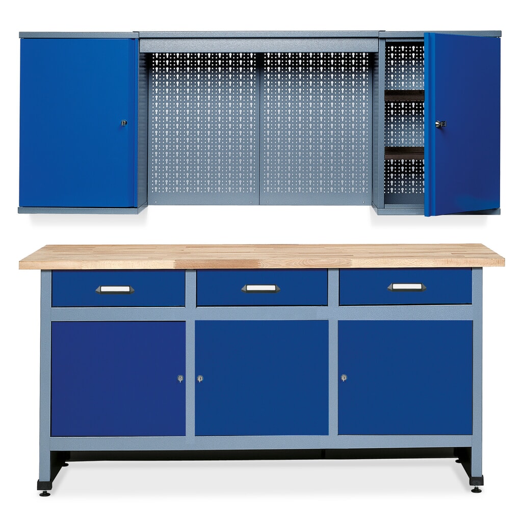 Produktabbildung: Werkstatt-Set Elm 2-teilig, Hängeschrank + Werkbank, Breite 1.700 mm, blau