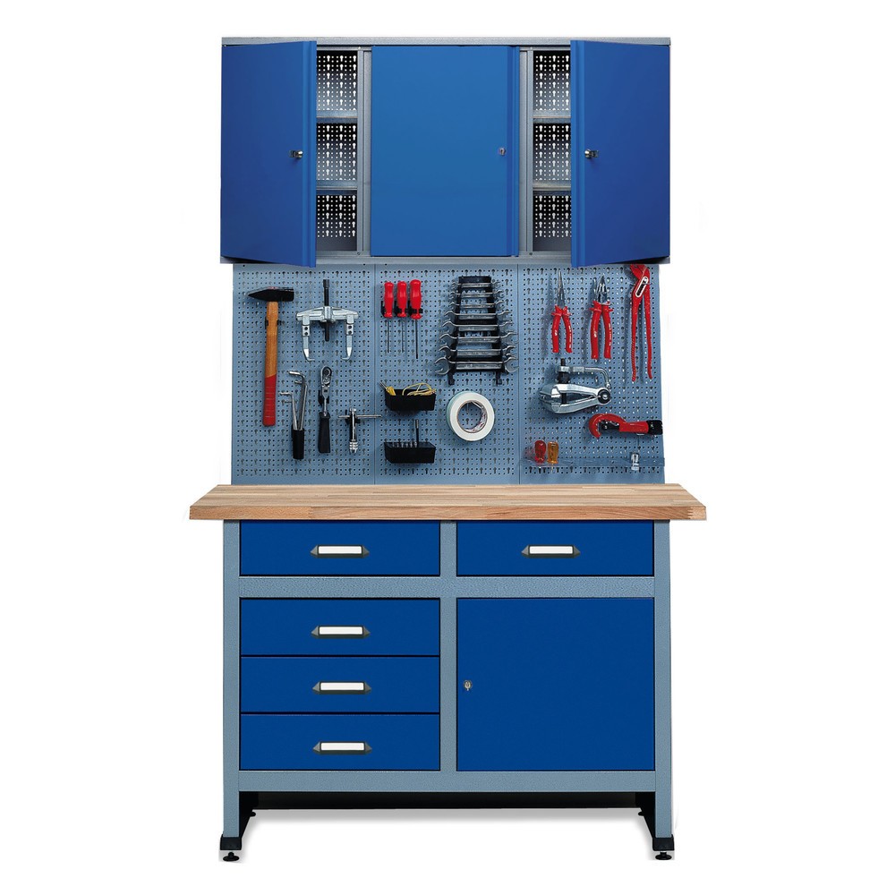 Produktabbildung: Werkstatt-Set Meran 3-teilig, Hängeschrank + Werkbank + Lochwand, Breite 1.200 mm, blau