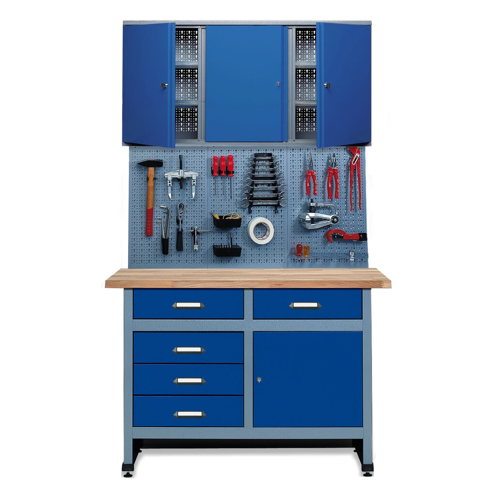 Produktabbildung: Werkstatt-Set Meran 3-teilig, Hängeschrank + Werkbank + Lochwand, Breite 1.200 mm, blau