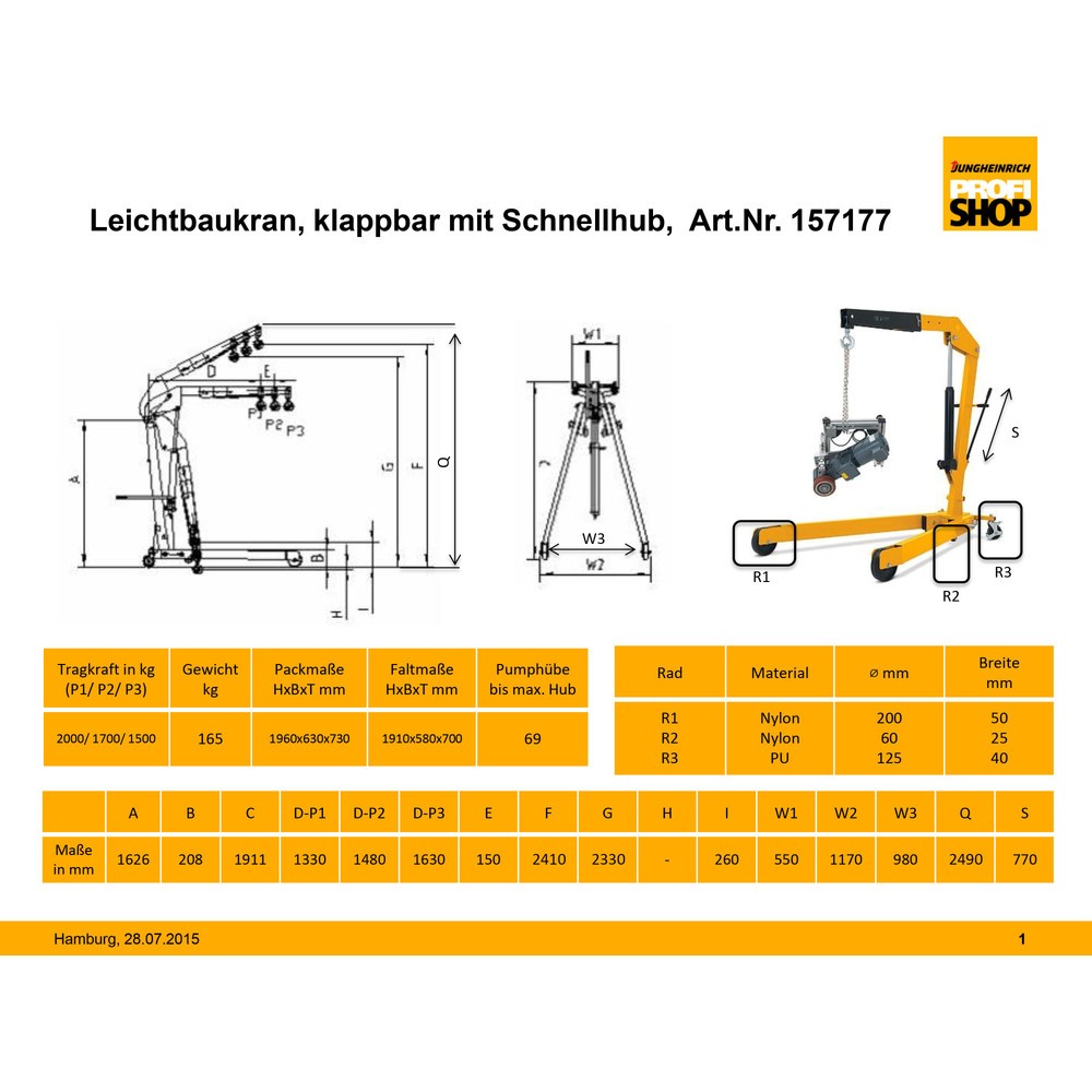 Produktabbildung Nr. 4: Werkstattkran mit gespreiztem Fahrgestell und Schnellhub, klappbar, TK 1.500-2.000 kg, RAL 3020 verkehrsrot