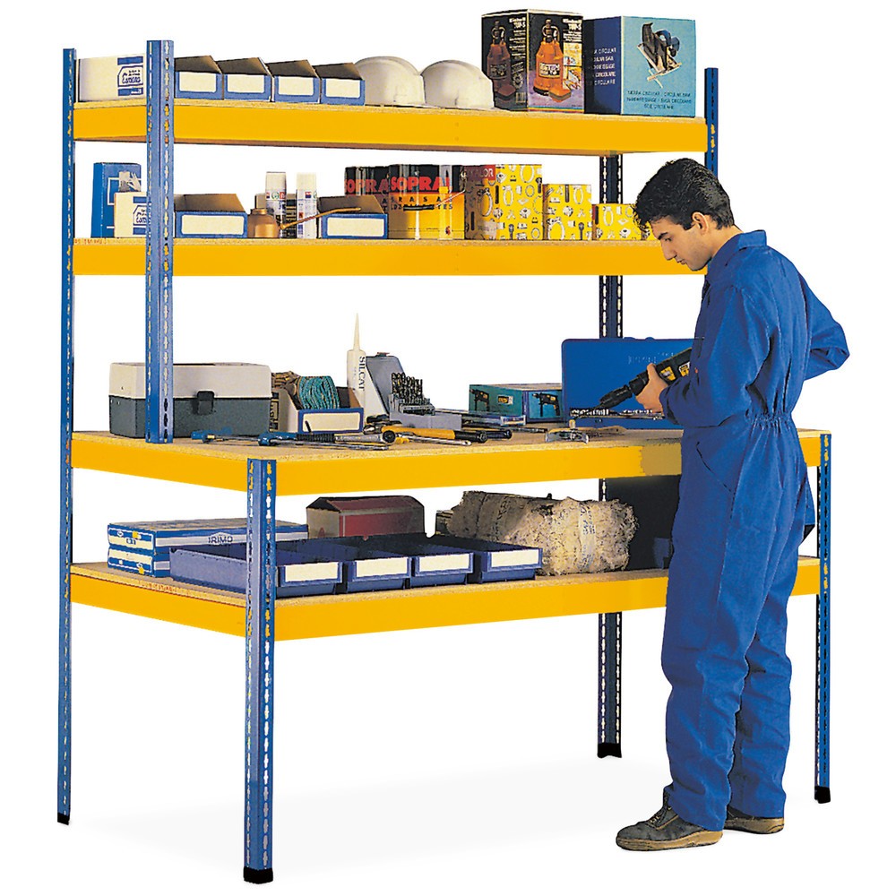 Produktabbildung: Werktisch NGS mit Aufbau, FL 320 kg, 2 Einlegeböden mit je 1 Unterzug, HxBxT 1.981/990 x 1.841 x 773/316 mm