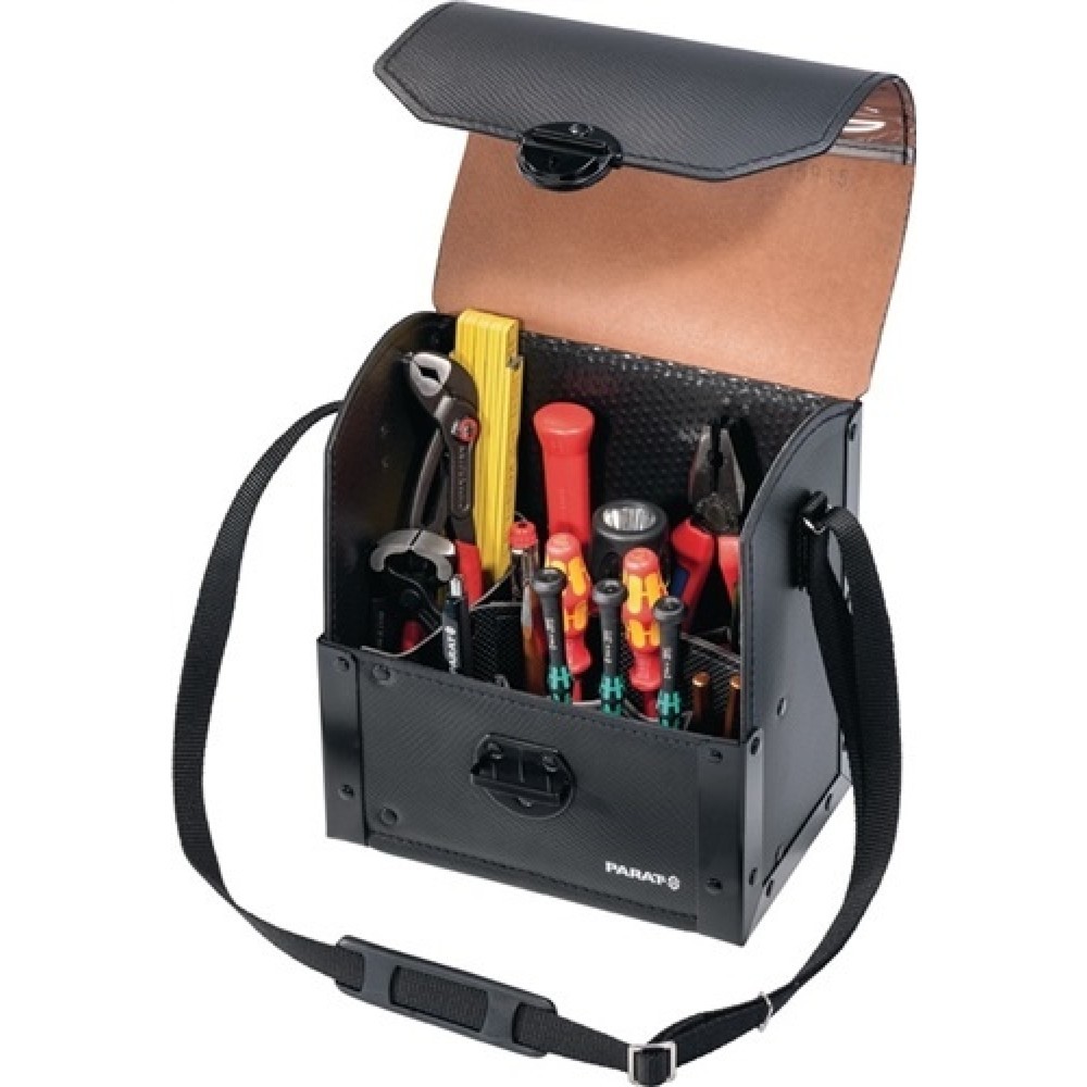Produktabbildung: WerkzeugtascheB.220xT.140xH.250mmaus Rindleder schwarzTrageriemen 17 Einsteckf.