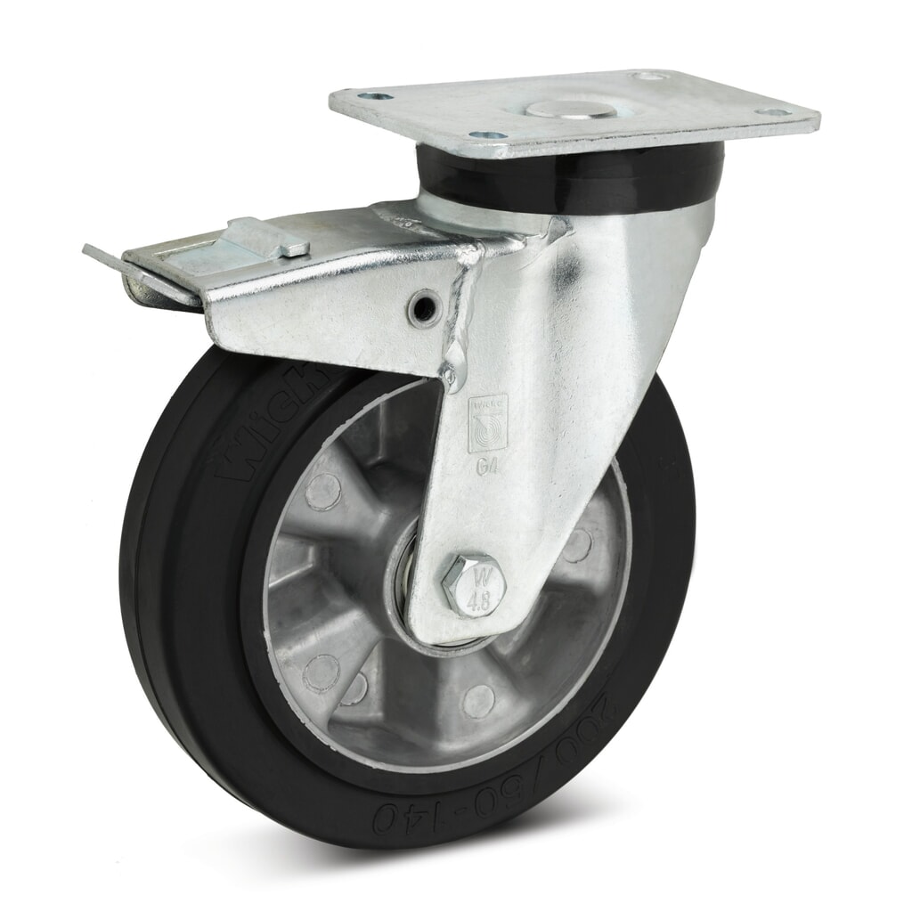 Produktabbildung: Wicke Lenkrolle Elastik-Vollgummi, inkl. Feststeller im Nachlauf, Ø x Breite 100 x 40 mm, TK 180 kg