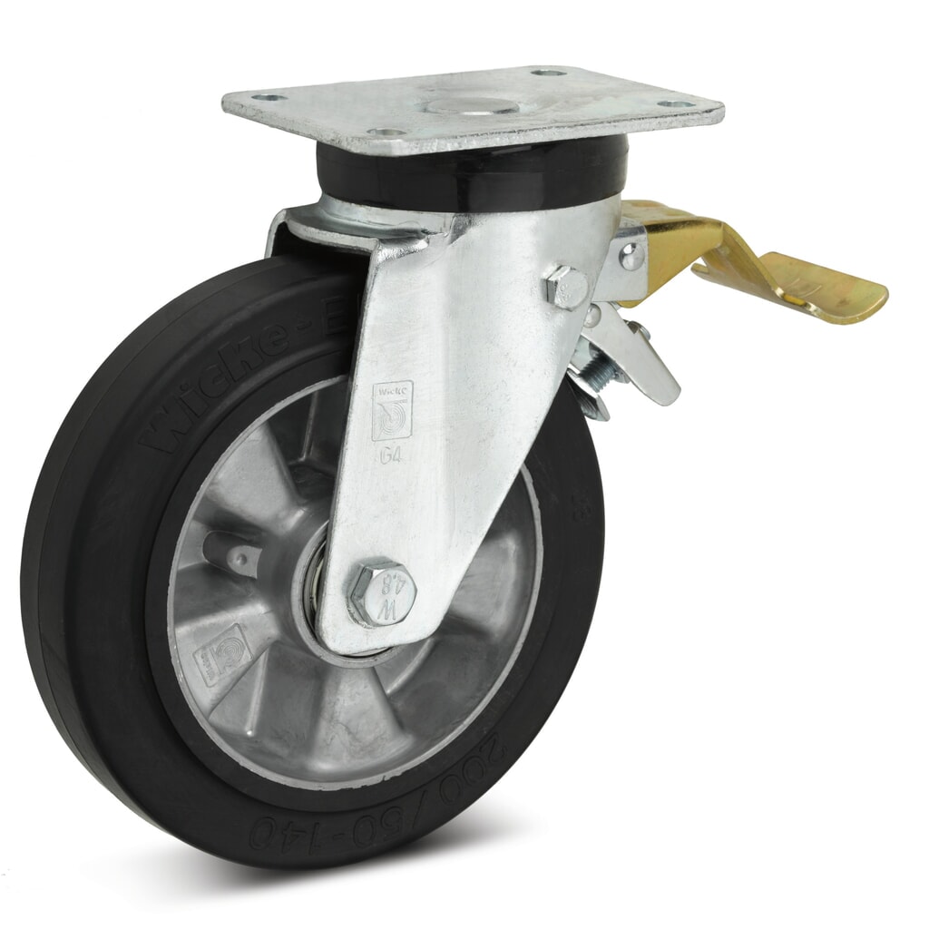Wicke Lenkrolle Elastik-Vollgummi, inkl. Feststeller im Vorlauf, Ø x Breite 125 x 50 mm, TK 200 kg Produktabbildung: Wicke Lenkrolle Elastik-Vollgummi, inkl. Feststeller im Vorlauf, Ø x Breite 125 x 50 mm, TK 200 kg