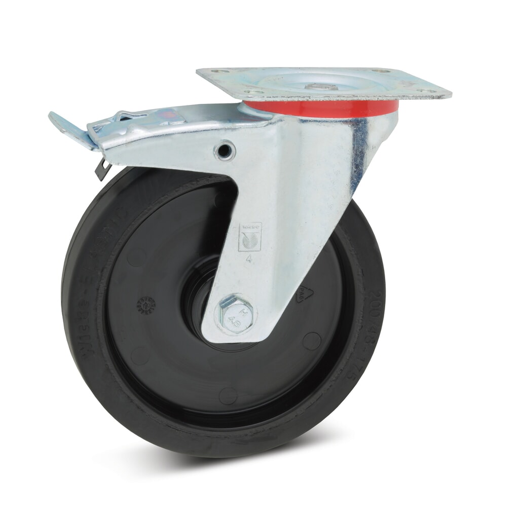 Wicke Lenkrolle Elastik-Vollgummi, Kunststofffelge, inkl. Feststeller, Ø x Breite 100 x 36 mm, TK 180 kg Produktabbildung: Wicke Lenkrolle Elastik-Vollgummi, Kunststofffelge, inkl. Feststeller, Ø x Breite 100 x 36 mm, TK 180 kg