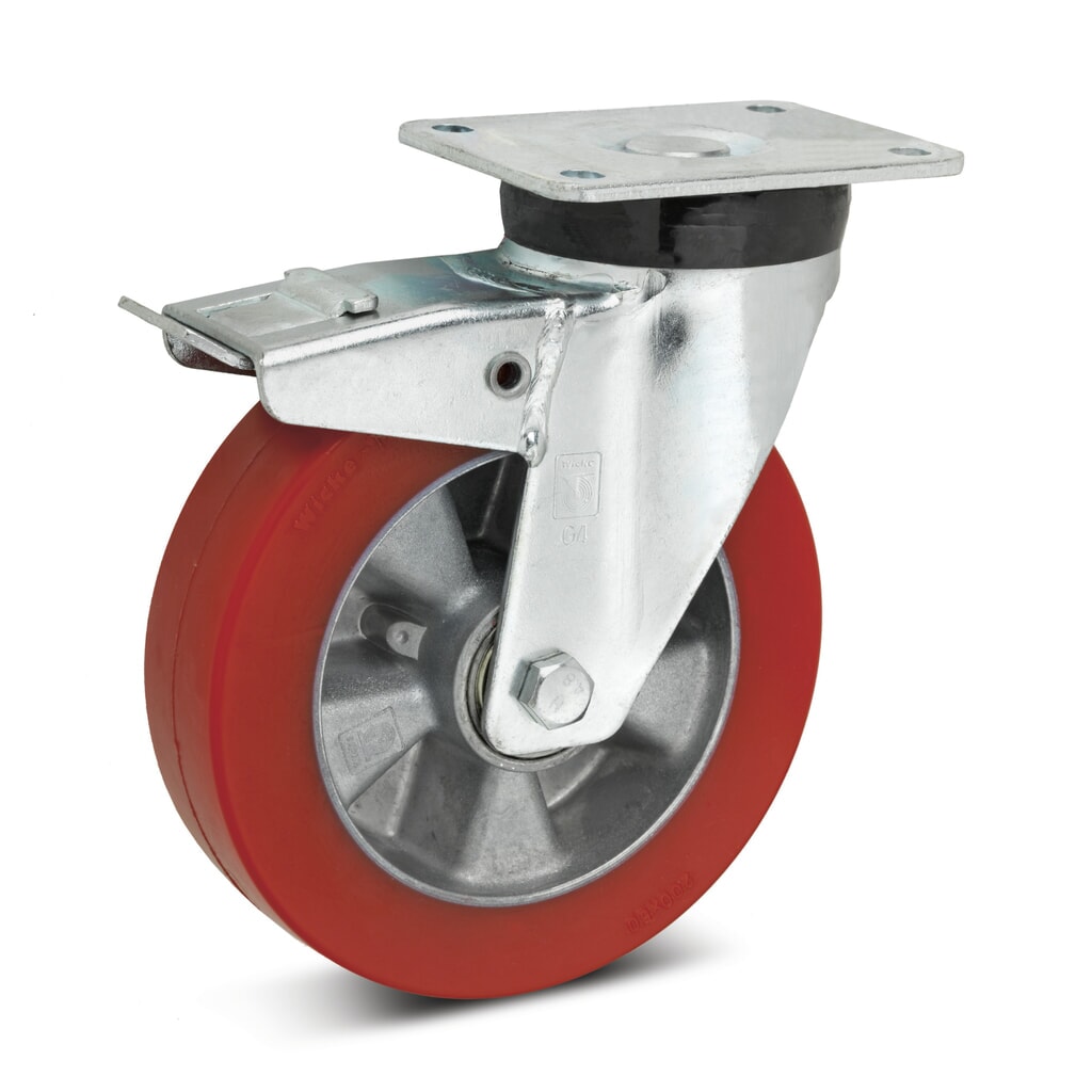 Wicke Lenkrolle Topthane® Soft-PU, inkl. Feststeller im Nachlauf, Ø x Breite 100 x 40 mm, TK 270 kg Produktabbildung: Wicke Lenkrolle Topthane® Soft-PU, inkl. Feststeller im Nachlauf, Ø x Breite 100 x 40 mm, TK 270 kg