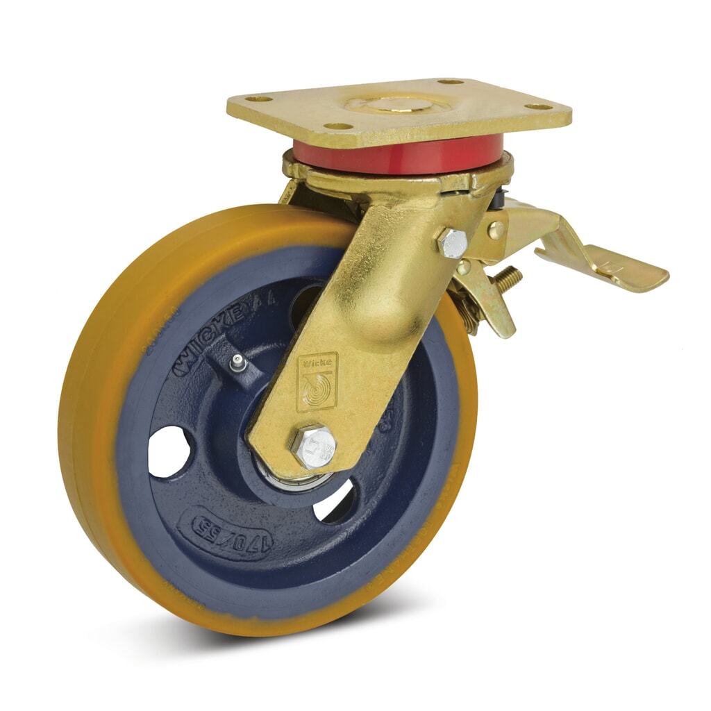 Wicke Schwerlast-Lenkrolle PU, inkl. Feststeller im Vorlauf, Ø x Breite 100 x 50 mm, TK 450 kg Produktabbildung: Wicke Schwerlast-Lenkrolle PU, inkl. Feststeller im Vorlauf, Ø x Breite 100 x 50 mm, TK 450 kg