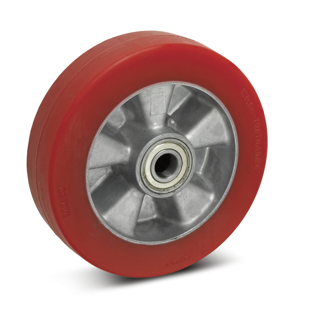 Wicke Soft-PU-Rad Redthane®, Rillenkugellager, ØxB 100 x 40 mm, TK 310 kg Produktabbildung: Wicke Soft-PU-Rad Redthane®, Rillenkugellager, ØxB 100 x 40 mm, TK 310 kg